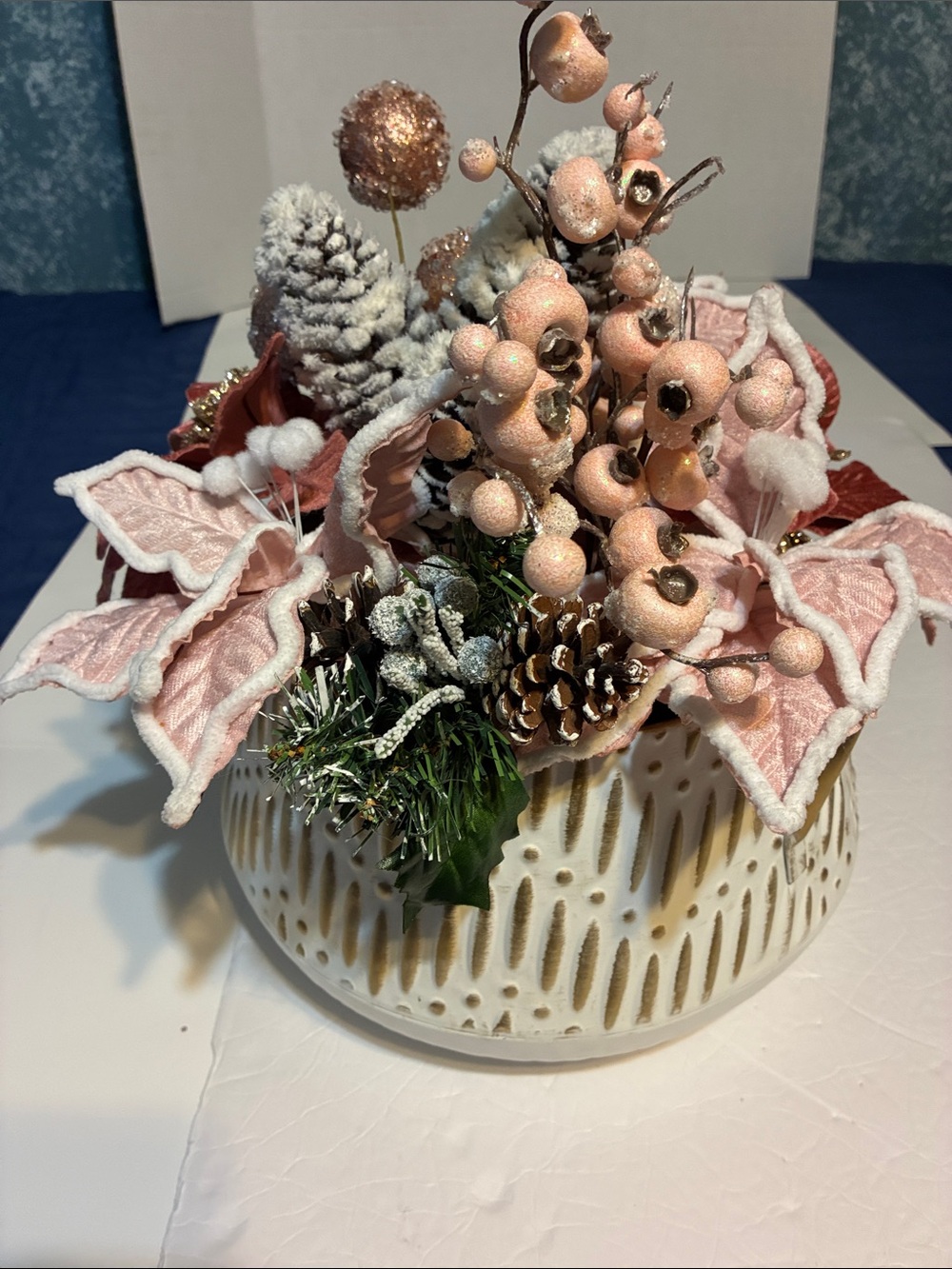 Hand made Holiday Pink & White Floral Arrangement in white & gold metal planter.
